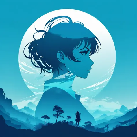 [Character]s silhouette in an art print with an anime girl shape, in the style of epic portraiture, double exposure, isolated [license] landscape, [cyan] and [blue], dynamic and action-packed, vector, strong use of negative space, (isolate on white:1.3), (...