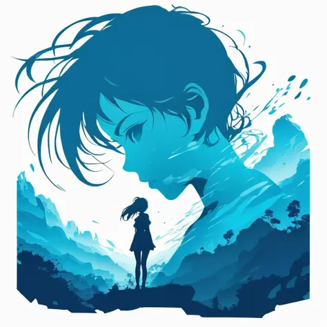 [Character]s silhouette in an art print with an anime girl shape, in the style of epic portraiture, double exposure, isolated [license] landscape, [cyan] and [blue], dynamic and action-packed, vector, strong use of negative space, (isolate on white:1.3), (...