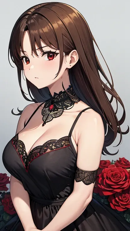 8k, raw photo, fujifilm, Style photo of a beautiful 45 year old woman., square face, a red rose on the neck, wearing a black and red lace dress, golden earrings, strong features like a spinning dove, (very detailed skin: 1.2), medium brown hair with highli...