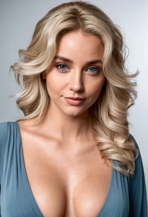 a medium shot of a blonde Instagram model, wearing a loose fitting, low cut grey blue dress, with a seductive look, smirking, flirting with camera, closeup, she  on her all fours facing the camera with almost all of her  exposed.