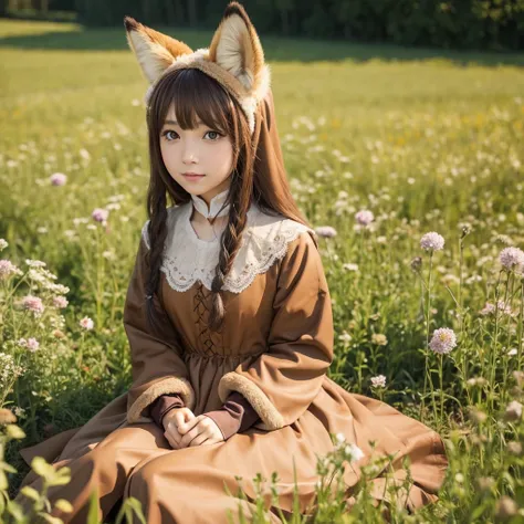 Fox, (monster Girl), With long brown ears、The inside is dark brown。, Brown fur, Tan neck hair, Brown fluffy tail with tan tip, Big brown eyes, Wear modest clothing, Sitting in a flower field, masterpiece, Highest quality