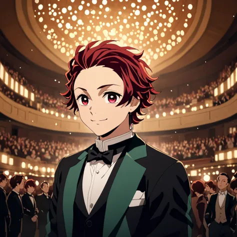 Kamado Tanjiro, with his distinctive red hair, stands inside a grand concert hall. He is dressed in a sleek black formal suit, with his hand casually in his pocket, smiling warmly while making eye contact with the viewer. Behind him, a crowd of people is v...