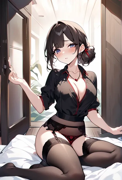 See-through sexy black and red underwear　Soapland　Shy and seductive look　Sexy Body　Clear Eyes　slightly round eyes　Sit on the mat　office lady　Japanese women　Manga illustration　Beautiful E Cup Breasts　the body is slim　Highest quality　4K Chignon Hairstyle　Hai...