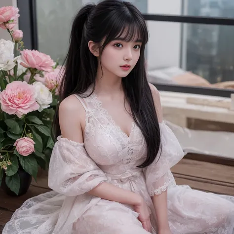 best quality, masterpiece, lifelike, 1 girl, solitary, eternity, black hair, Hair tied in a ponytail, Bangs, Wear dresses, flower, Detailed Background,  Delicate face，pink blush，cold，lots of lace，((​masterpiece))、(top quality)、8k、high detail、Super detailed...