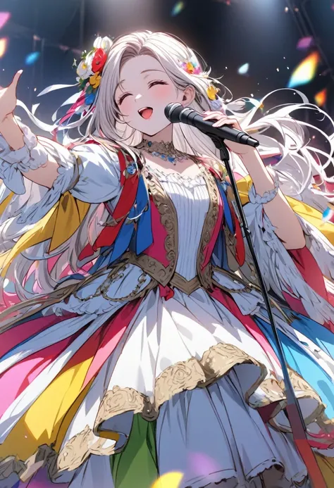 Draw me a opera singer from the 18th century. She is on stage, in a large colorful dress, singing.