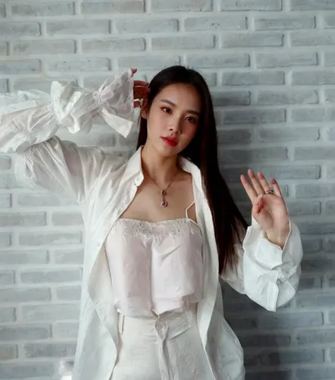 there is a woman posing in a white shirt and shorts, in white clothes, wearing white clothes, wearing white camisole, basia tran, clothed in white shirt, mai anh tran, anna nikonova aka newmilky, a beautiful woman in white, sha xi, white clothes, bella poa...