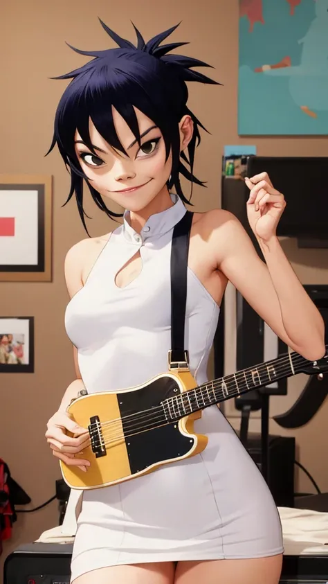 Noodle Gorillaz, sexy body, sexy Dress, playing guitar, smiles, ((masterpiece, best quality)) holding