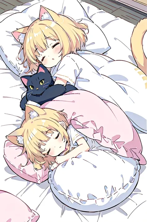 A cartoon of a cat sleeping on a pillow and another cat sleeping on it, there is nothingmimi, Cat girl, Beasts, There is a cat next to her, Cat girl, cute anime Cat girl, Ah ah, there is nothing, anime Cat girl, anime、Pink nightcap、Sleeping on a futon、Blon...