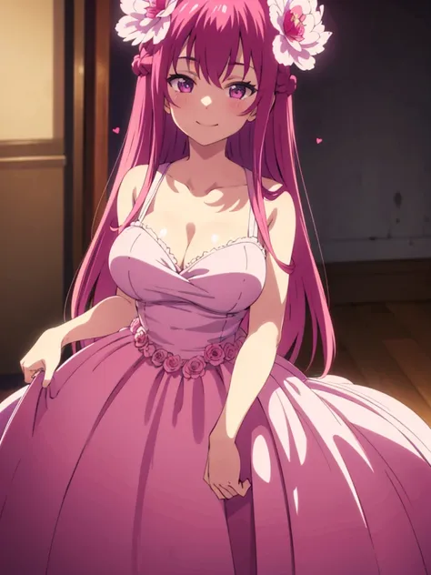 Pink dress, ball gown dress, long dress, gigantic breasts, 1girl, solo, long hair, red blush, smile, happy face, hair ornament, hair between eyes, purple eyes, pink hair, braid, bedroom, hair flower, cute, looking at viewer,