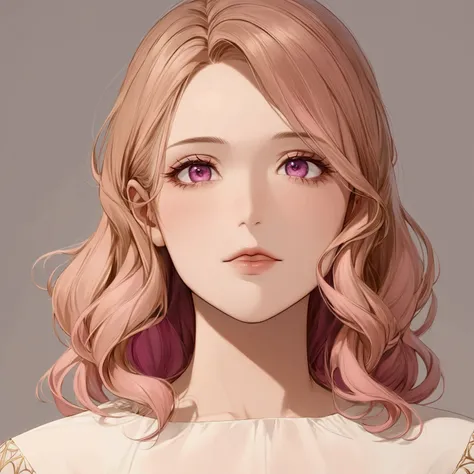 Create an anime-style girl with deep magenta eyes and long, wavy pink hair styled in an elegant updo. She is slender with small breasts. She wears a regal, ethereal dress with elegant and fantasy elements, featuring a gold, pastel pink, and rose gold color...