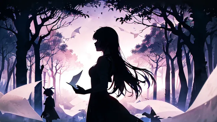 (Silhouette Art,crop:1.6)
(((Paper cutting art,A world where only black exists:1.3)

(Cowboy Shot),1 girl,alone,
(Girl in a dress,profile:1.2),white, Clear and beautiful face,Countless meteors behind、

Princess Mononoke、Long Hair、in the forest、National cos...