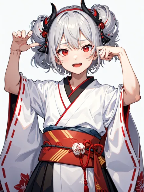 One boy,kimono, Gray Hair, Red eyes, White background,vtuber, wallpaper, Facing forward, Laugh with your mouth open a little,whole body, Hands down, Standing still,White background, The background is pure white,No background