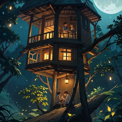 Two boys on a tree house at night and they are looking at the fireflies they trapped in a jar amd the ambience is comfy and the moon can be seen through the leaves