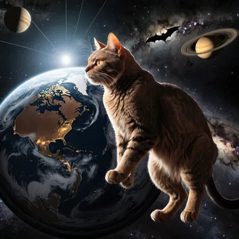 A gigantic cat bats the earh around as it chases Earth across the solar system
