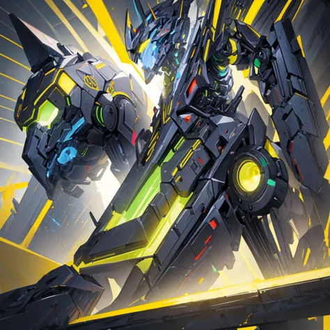 A mecha made of steel，A huge mecha flashing yellow light，((Pure black background))