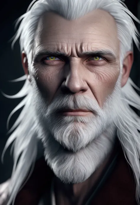 40 year old man with straight white hair, looking serious, very detailed face, short beard, eyes with white light, ice effects, 4k, ultra realistic, eyes with power
