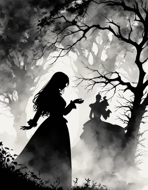 A dark environment，Silhouette of a beautiful long-haired woman，A middle-aged gentleman in aristocratic attire，Stroke chest with one hand，Noble etiquette，magical，Silhouette，Black and White，Tree SilhouetteNu Goth Art，Cartelcore，BW，Woodcarving，Side Light，Wate...