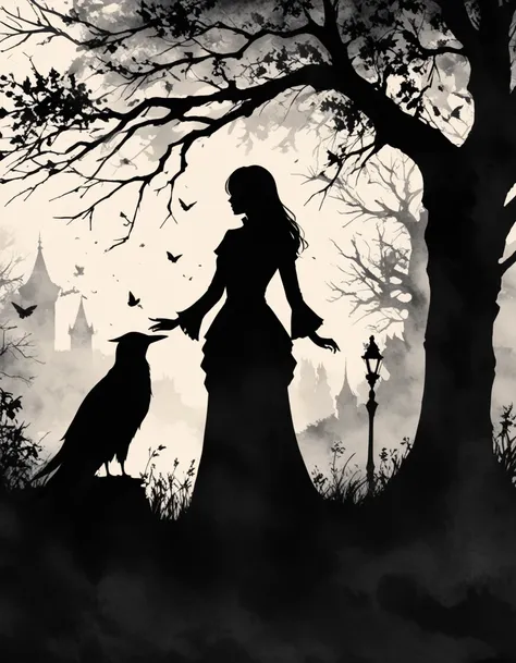 A dark environment，Silhouette of a beautiful long-haired woman，A middle-aged gentleman in aristocratic attire，Stroke chest with one hand，Noble etiquette，magical，Silhouette，Black and White，Tree SilhouetteNu Goth Art，Cartelcore，BW，Woodcarving，Side Light，Wate...