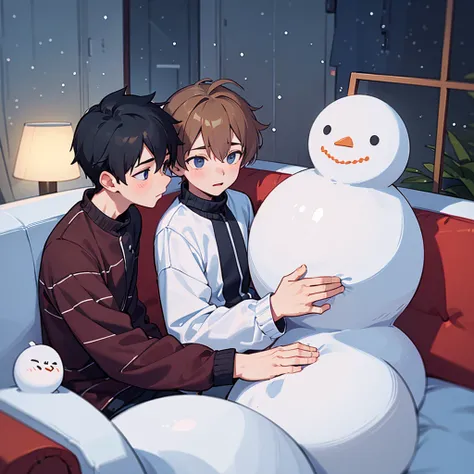 Two boys are inlove with eavh other, they are cuddling on the sofa while making out, and its warm and comfy inside while its snowing outside and theres also a built snowman outside