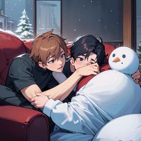 Two boys are inlove with eavh other, they are cuddling on the sofa while making out, and its warm and comfy inside while its snowing outside and theres also a built snowman outside