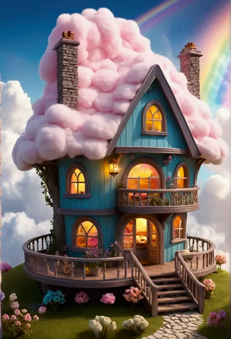 Imagine a magical fairy house floating in the clouds, with a rainbow bridge leading up to it. The house is made of fluffy cotton candy and has windows that change color with the light. Inside, you can see tiny fairy furniture and a cozy fireplace.