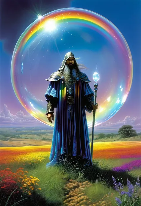 the sorcerer standing in the field, completely covered himself with a transparent dome, shimmering with all the colors of the rainbow, thin as a soap bubble, but stronger than steel, protecting from the approaching monster. highly detailed, ultra realistic...