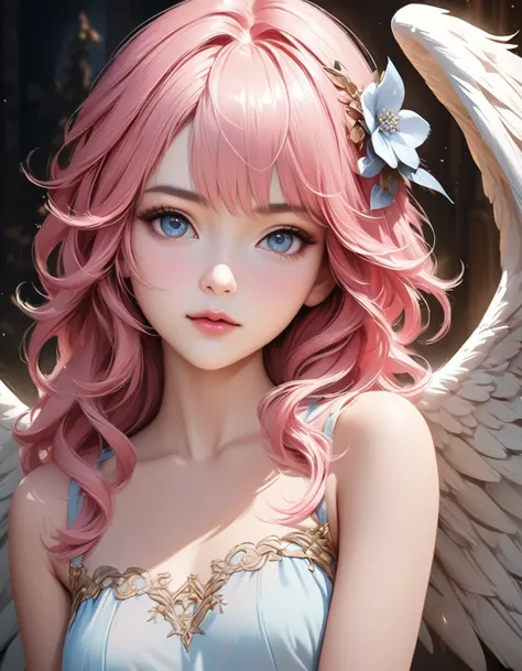 A C-cup woman with pink hair and angel wings wearing an elegant chiffon blouse with a floral pattern is posing for a photo, 8K high quality detailed art, of an beautiful Angel Girl, beautiful Angel Girl portrait, Cute realistic portrait, portrait of a Beau...