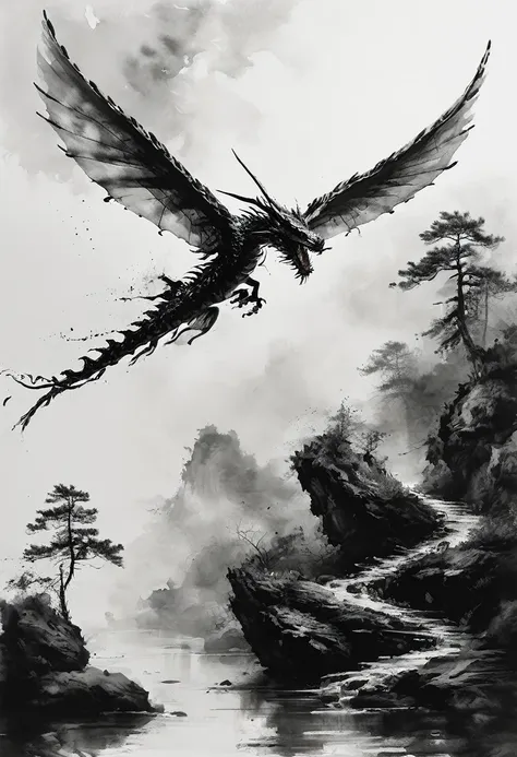 a dragon flies through the air，in the style of colorful ink painting，gesture markers，light black and gray，humorous animal scenes...