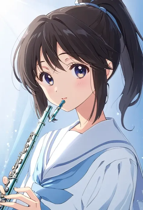 Dark brown and black hair、High ponytail、(/Nozomi Kasagi)、1 person、Single person,独奏,Anime characters、girl、Expressionless、Emotionless facial expression、Silver flute、Playing the flute、Upper body only、Sailor suit with light blue collar、A white sailor suit with...