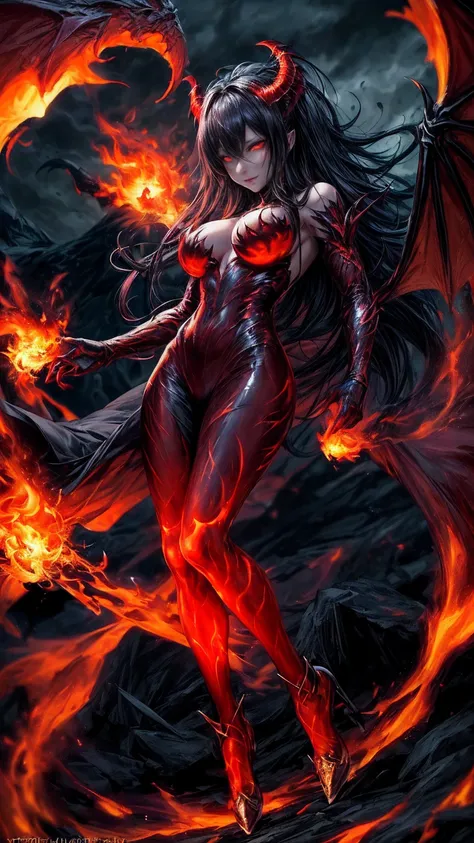 Storyboard, masterpiece, highest quality, dragonlady queen, perfect demoness, bright red glowing eyes, detailed eyes (1.4), scars on face, villainous expression, flaming skin body with bioluminescent glowing pattern, ready for battle, blurred stormy backgr...