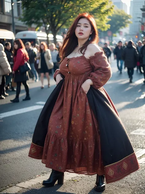 full body shot, Best quality, a 20y (chubby:1.3) kazak women, wearing (bohemian woolen dress:1.3), big breast, (sexy:1.2) (redhead:1.2) hair blowing in the wind, moody atmosphere, sunlight exposure, beautiful shadow, intricate posing in the (crowded city:1...