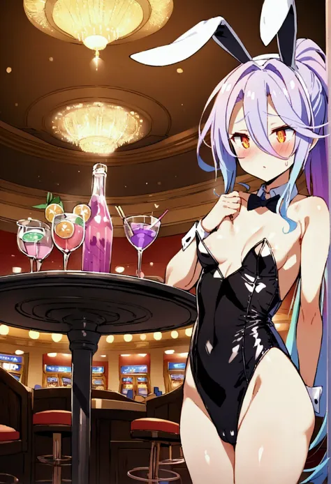 NSFW,masterpiece,Highest quality,High resolution,Very detailed,white(no game No life),Small breasts,ponytail,Bunny ears,Playboy Bunny,casino,Holding Tray,Dissatisfied face,blush,Are standing