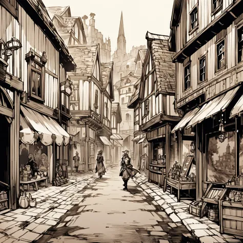 Sepia,An illustration,Vision,Landscape painting,Main Street,((Never draw a character)),Fantasy medieval port trading city,Colonial settlement governor&#39;s office,Stone Building,Wooden fence,Wooden gate,Barista,scaffold,Legantos Governorate,The population...