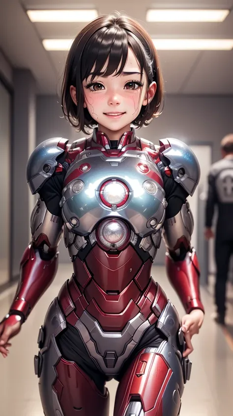 highest quality　8k iron man suit girl　elementary school girl　sweaty face　cute smile　short hair　boyish　steam coming from the head...