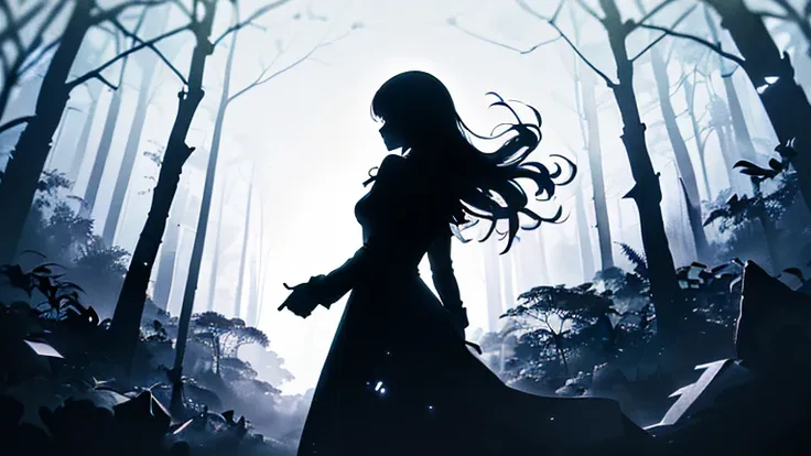 (Silhouette Art,crop:1.6) (((Paper cutting art,A world where only black exists:1.3) (Cowboy Shot),1 girl,alone, (Girl in a dress,profile:1.2),white, Clear and beautiful face,Countless meteors behind、 Long Hair, Gothic Dress, white髪,Long sleeve, Black and b...