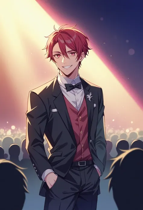 Kamado Tanjiro, with his distinctive red hair, stands inside a grand concert hall. He is dressed in a sleek black formal suit, with his hand casually in his pocket, smiling warmly while making eye contact with the viewer. Behind him, a crowd of people is v...