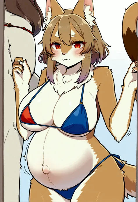 top quality, best quality, by yamame513, High-quality illustrations, masterpiece)(kemono, furry anthro), round, 1 female, khajit, model body, furs, fluffy, tail, big breasts, perfect eyes, red eyes, bikini, body movement, body twitching, pregnant,