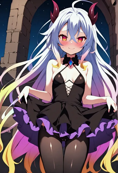 NSFW,masterpiece,Highest quality,High resolution,Very detailed,white(no game No life),Small breasts,Multicolored Hair,Gradient Hair,Bad smile,blush,(devil),devilの角,devilのしっぽ,devilの羽,High-quality black frill dress,leotard,Fishnet tights,Bossy Pose,Abandoned...