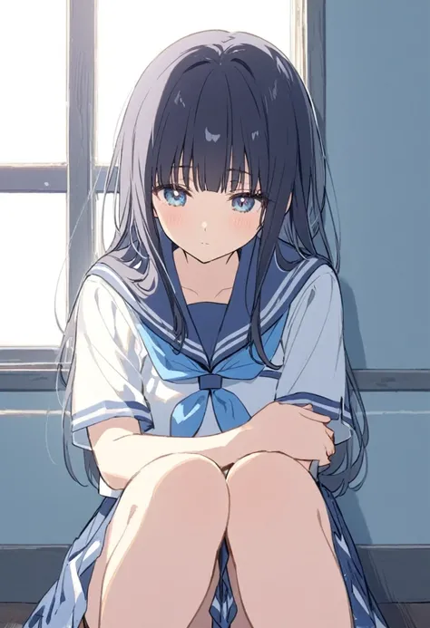 Dark blue hair、Long Hair、Straight Hair、Neat bangs、(/Yorozuka Mizore)、girl、1 person、Single person、独奏、Anime characters、Expressionless、Lethargic eyes、Leaning against the wall、Sunlight streaming through the window、A corner of the classroom、Upper body only、Sitt...