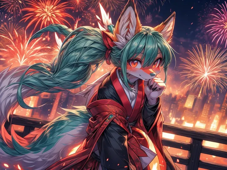 The best quality, Japanese adolescent hatsune miku x kitsune , fox face elongated snout add-detail, Surprise face, sweaty body, heated add_detail,, kitsune warrior in the spring hanami add_detail:1, barefoot add_detail:1 mistycal aura, demon slayer style e...