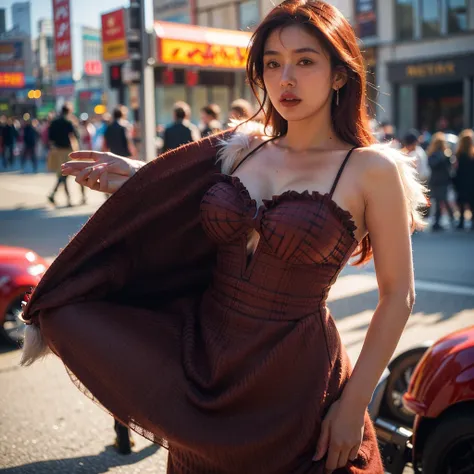 full body shot, Best quality, a 20y (chubby:1.3) kazak women, wearing (bohemian woolen dress:1.3), big breast, (sexy:1.2) (redhead:1.2) hair blowing in the wind, moody atmosphere, sunlight exposure, beautiful shadow, intricate posing in the (crowded city:1...