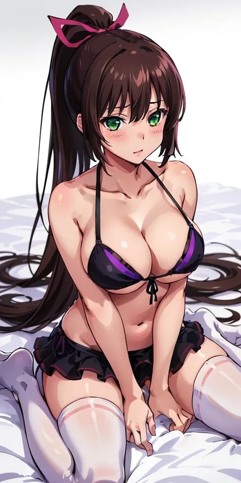 masterpiece, best quality,1girl,solo,kirasaka sayaka,brown hair,long hair,ponytail, hair ribbon, green eyes,,purple thighhighs, wariza, (bikini). 