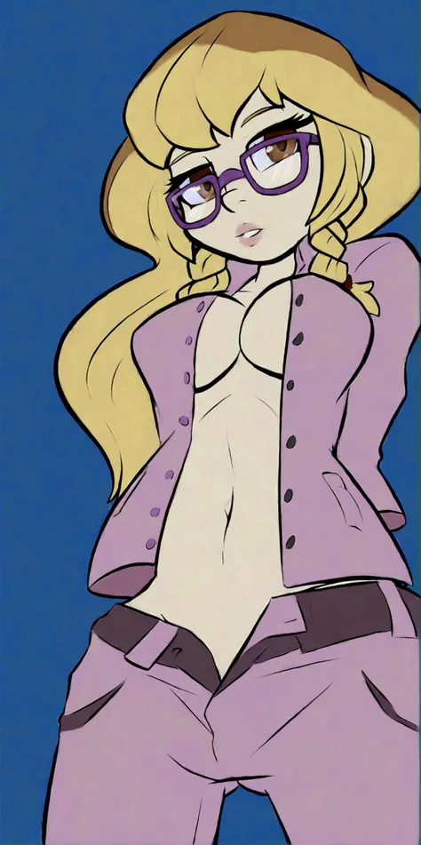 A beautiful sexy girl with a big breast, long round blonde hair, braids, her brown eye, big purple glasses, wearing a blouse, a light purple pocket with a button, tied knot, showing a navel and a blue shorts, a pocket with a black heel. 