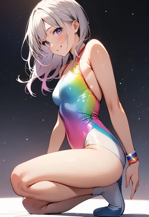 (masterpiece:1.2),Highest quality,Pixiv ,One girl,alone,View your viewers,smile,White background only,whole body,From the side,One knee,,Look to the side、white background only,A leotard with glittering embellishments,tight-fitting leotard,Rainbow gradient ...