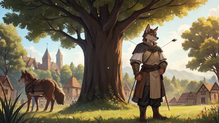 (very detailed illustration: 1.2), best quality, masterpiece, solo, natural lighting, An young anthro wolf with dark brown fur, he has brown eyes and dark brown hair, He is dressed in archer clothing from the medieval era, he is in an open field, on his si...