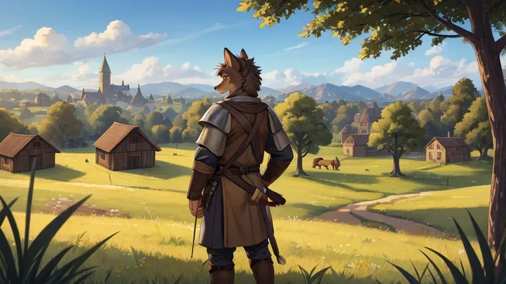 (very detailed illustration: 1.2), best quality, masterpiece, solo, natural lighting, An young anthro wolf with dark brown fur, he has brown eyes and dark brown hair, He is dressed in archer clothing from the medieval era, he is in an open field, on his si...