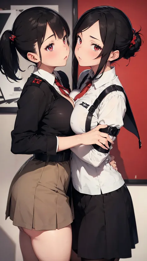   Propaganda poster. Gestapo uniform, female  lesbian kawaii sisters kissing passionately wearing  uniforms. 8k. masterpiece. best quality. best artwork. lingerie. swastika insignia. busty bare breasts. bdsm 