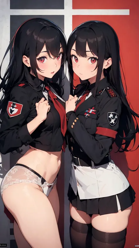   Propaganda poster. Gestapo uniform, female  lesbian kawaii sisters kissing passionately wearing  uniforms. 8k. masterpiece. best quality. best artwork. lingerie. swastika insignia. busty bare breasts. bdsm 