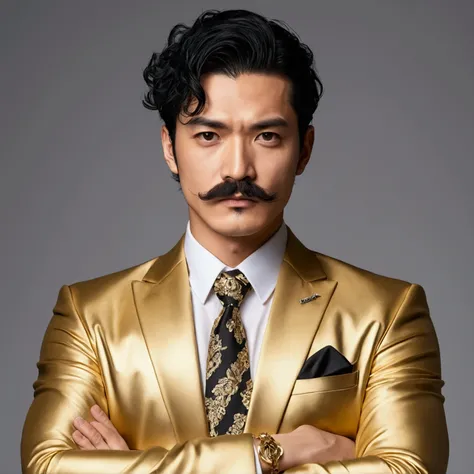 ID photo、A single male with black hair and a moustache、Wearing a gold necklace、Wearing a suit and with his arms crossed。The man is drawn in a manga-like style.、Has strength and charisma。
