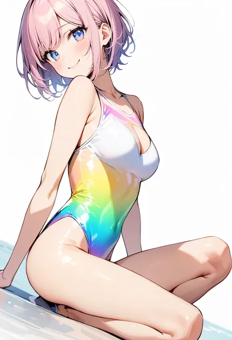 (masterpiece:1.2),Highest quality,Pixiv ,One girl,alone,View your viewers,smile,White background only,whole body,From the side,One knee,,Look to the side、white background only,A leotard with glittering embellishments,tight-fitting leotard,Rainbow gradient ...